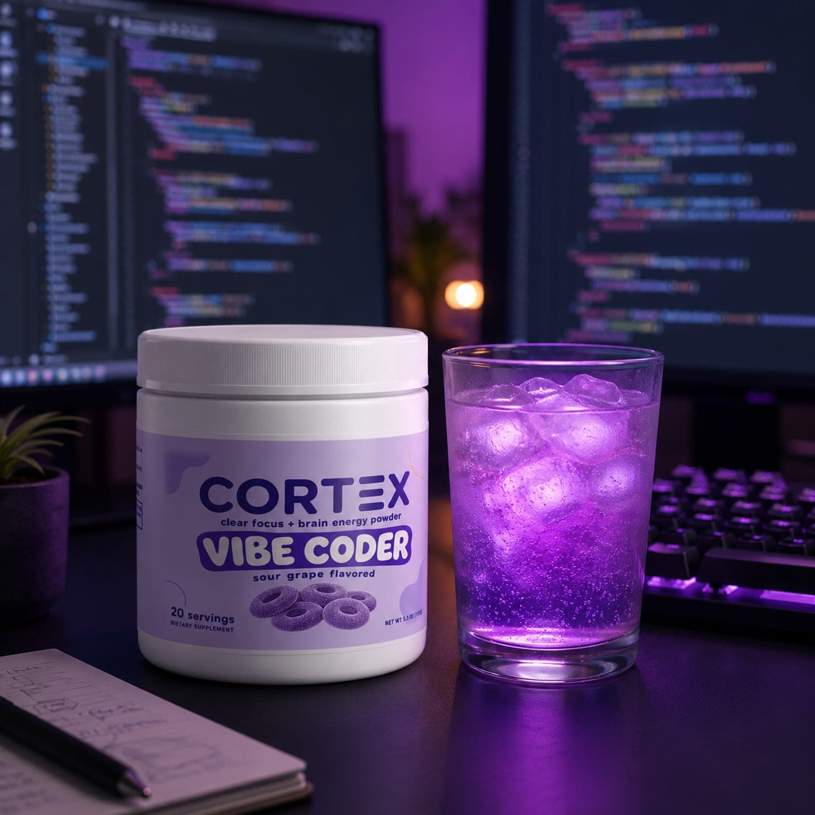 Cortex Clear Vibe Coder on a desk during a deep work session